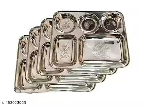 Set Of 4 (35 cm x 26 cm) Stainless steel with Laser Design 5 in 1 Compartment bhojan thali/Patra set of 4 Plates