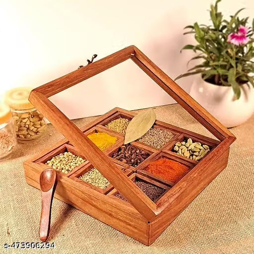 Sheesham Wooden Spice Box For Kitchen - Decorative Handmade Masala Dabba Organizer With Spoon & 9 Containers - Wooden Masala Box For Kitchen, Wood Spice Box,Wood Box, Brown