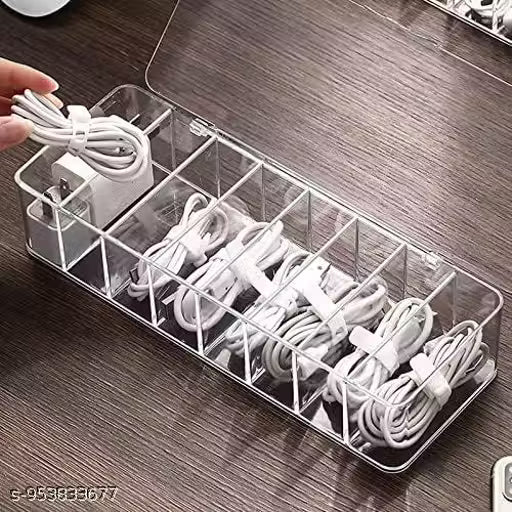 fragIn Data Cable Organizer Box for Wire Management,Transparent Box with 8 Compartment and 10 Cable Ties, Storage Organiser for Office & Home,Cable Management Solution