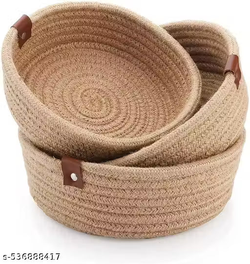 sara entrprises Mini Rope Storage Natural Handwoven Jute Shelf Basket For Your Home & Kitchen (Pack of 3,Beige