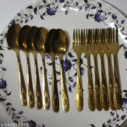 12-Pcs Premium Gold-Plated Stainless Steel Spoon and Fork Set Cutlery Set for Dining, Table Serving, Party & Gifting Luxury Flatware for Kitchen & Home (6 Spoons + 6 Forks)