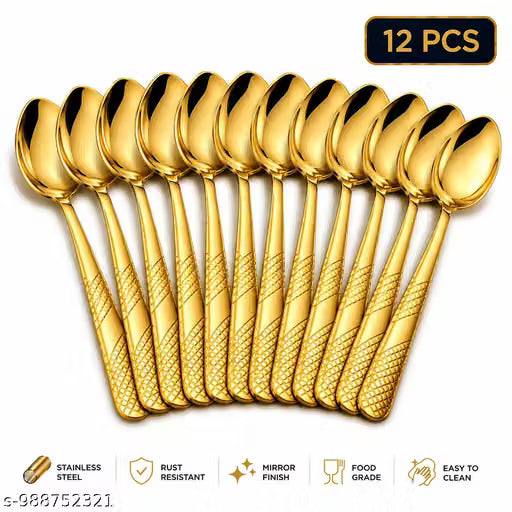 Premium Gold Finish Stainless Steel Tea Spoon Set of 12 | Food Grade | Mirror Finish | Rust Resistant | Coffee, Dessert & Ice Cream Spoon