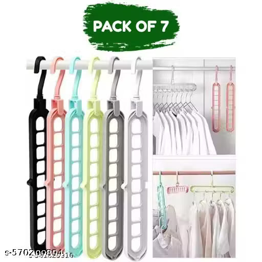 Space Saver Folding Hangers, Anti-Skid Plastic Magic Clothes Hanger, 360º Swivel Hook, 9-Holes Design Closet Organiser Hanger (Pack of 7) ,Multicolor