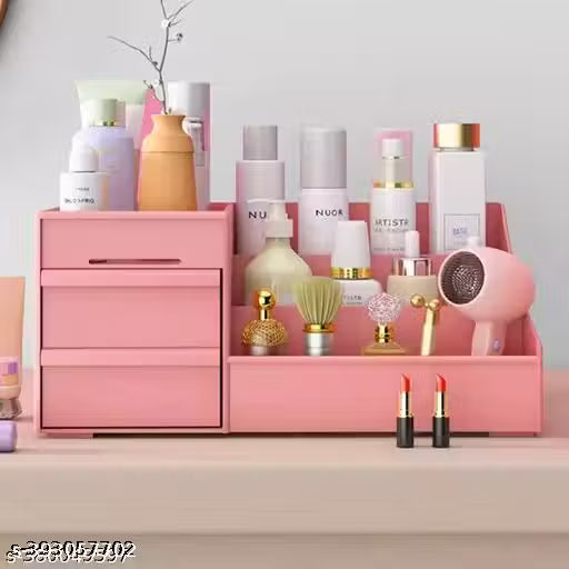 Ovakl Multi Grid Plastic Desktop Storage Cosmetic Organizer with 2 Drawer Vanity Box Sundries Cosmetics Box Modern Countertop Storage for Dressing Table Vanity Box (Pink)