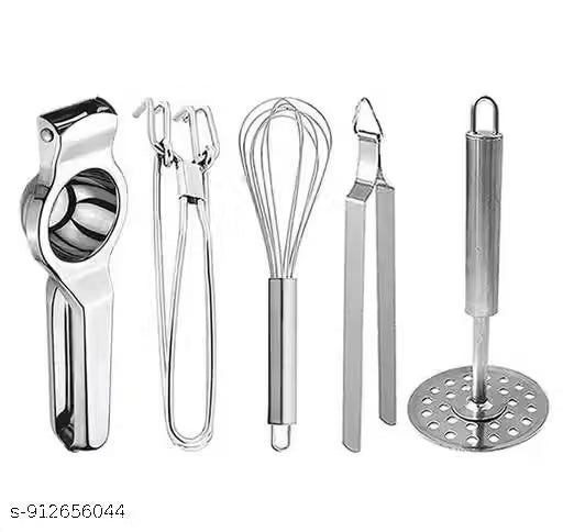 A set of five basicstainless steel kitchen tools, including a lemon squeezer, chimta, pipe masher, whisker, and pakkad.