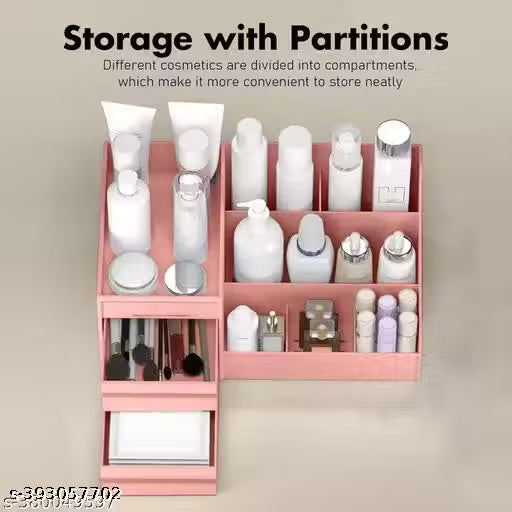 Ovakl Multi Grid Plastic Desktop Storage Cosmetic Organizer with 2 Drawer Vanity Box Sundries Cosmetics Box Modern Countertop Storage for Dressing Table Vanity Box (Pink)