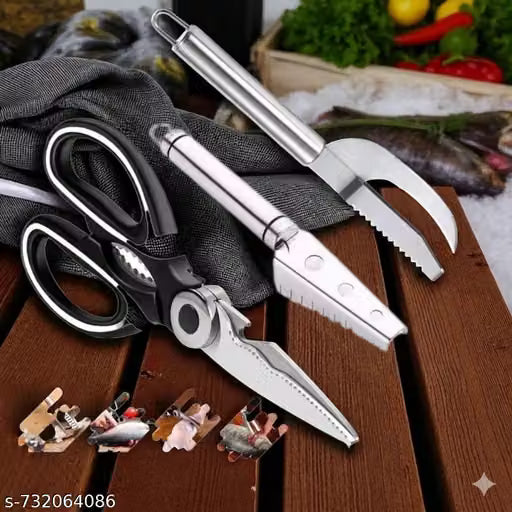 COMBO 3 PCS Fish Scale with Kitchen Utility Scissors 1 pcsStainless Steel Fish Scale Remover Cleaner Kitchen Fish Scaler