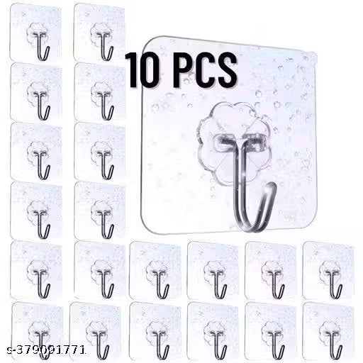 New Walls Hooks & Wall Hanger Without Drilling, Adhesive Wall Transparent Hooks for Wall Heavy Duty Extra Strong, Nail Free, No Need Drilling, Hanging, Barthroom & Kitchen Accessories, Office (Pack of 10)