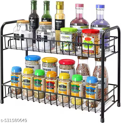 Alight Spice Rack Organizer for Countertop 2 Tier Counter Shelf Standing Holder Storage for Kitchen Cabine With shelf liner - Black (Metal, Black), Tiered Shelf