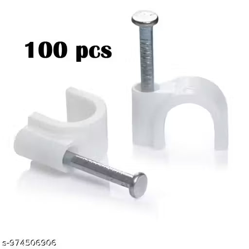 (7mm, Pack of 100) Cable Clips with Metal Nails - Heavy Duty Wire Fasteners, Cord Organizers, Round Cable Clamps for Wall-Mounted Cable Management, Hanging Wires, Home & Office Use