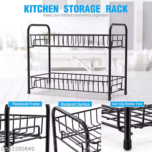 Alight Spice Rack Organizer for Countertop 2 Tier Counter Shelf Standing Holder Storage for Kitchen Cabine With shelf liner - Black (Metal, Black), Tiered Shelf