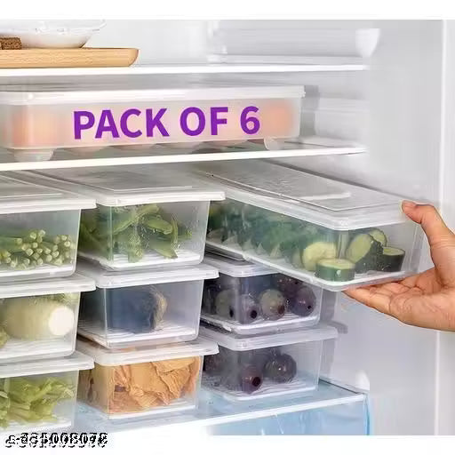 VEDANSHI (SET OF 6) Fridge Storage Boxes Pack of 6 Food Storage Container, Fridge Organizer Case With Removable Drain Plate Stackable Freezer Storage Containers Keep Fresh For Storing Fish, Meat, Vegetables 1500 ML