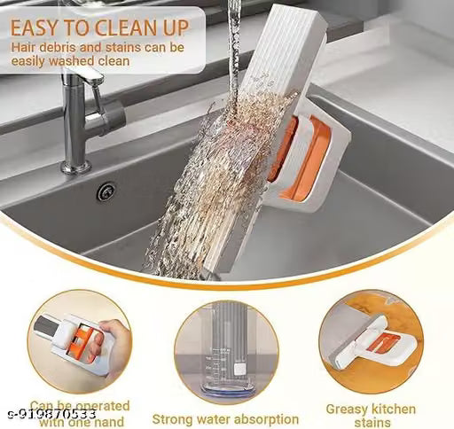 Mini Foldable Desktop Mop, Portable Cleaning Sponge, White, One-Hand Squeeze Handle, Replaceable Head, Wet/Dry Use for Bathroom Kitchen Glass