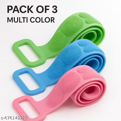 3 * PACK OF 3 Premium Silicone Back Scrubber Bath Brush for Body Cleaning | Soft & Skin Friendly Long Handle Body Cleaner with Dual Grip | Easy Back Cleaning Shower Scrubber for Men & Women | Durable, Flexible & Reusable