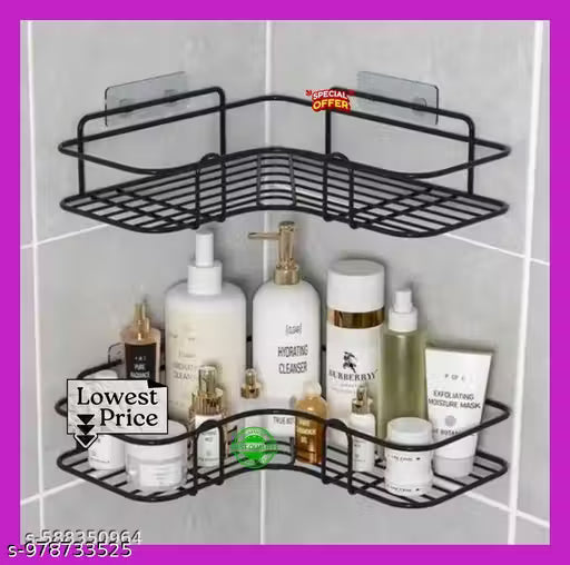 2PCS Combo Pack Bathroom Storage Rack Corner, Bathroom Corner Shelf, Self-Adhesive Metal Bathroom Corner Rack Storage Shelves - Black (2 Pcs)