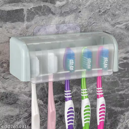 Wall Mounted 5 Toothbrush Holder Storage with Dust Proof Cover pack of 1 ,BLUE