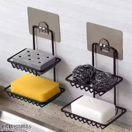 BASKIN Combo of 2 Stainless Steel Black Soap Stand Holder | Self-Adhesive Rustproof Soap Dish |