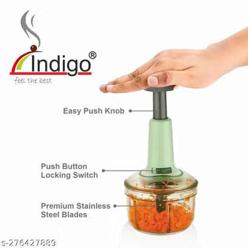 Indigo 650ml Chopper Manual Chopper Large Quick & Powerful Hand Held Food Chopper to Chop & Cut Fruits, Vegetables, Herbs, Onions for Salsa, Salad, Pesto, Hummus, Guacamole (Premium) | 3 Stainless Steel Blades