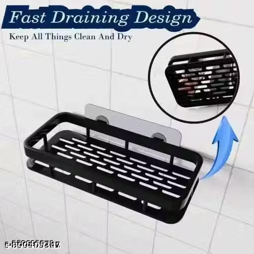 PLASTIC PACK OF 2 Adhesive Sticker Multipurpose Wall Mount Bathroom Shelf and Rack for Home and Kitchen. Self-Adhesive Sticker Hooks Support Without Drilling Bathroom Organizer pack of 2 black