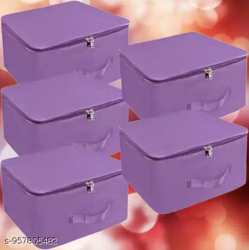 5 Pack Nylon Wardrobe Bag Underbed Moisture Proof Cloth Storage Organizer, Storage box for Clothes Saree Bags with Zippered Closure & Handle (Magenta, 37x34x23 cm) Square (Purple)