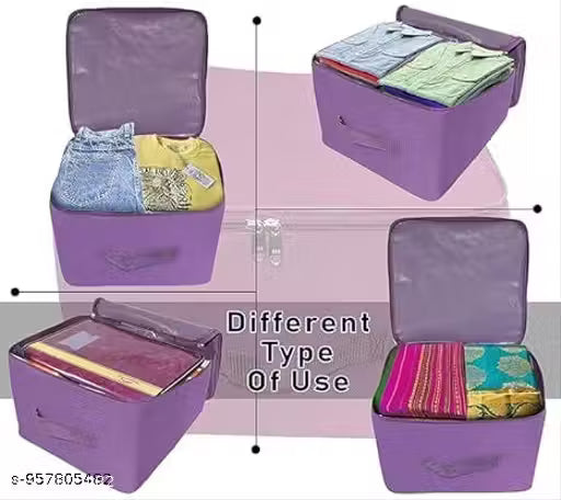 5 Pack Nylon Wardrobe Bag Underbed Moisture Proof Cloth Storage Organizer, Storage box for Clothes Saree Bags with Zippered Closure & Handle (Magenta, 37x34x23 cm) Square (Purple)