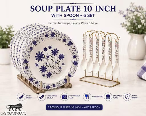 Soup Plate 10 inch lite Blue Print with Spoon - 6 Set
