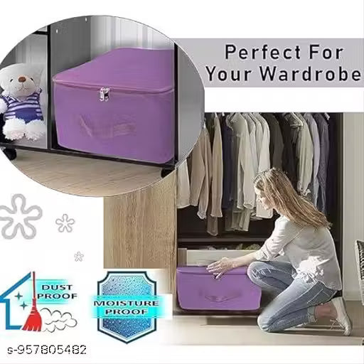 5 Pack Nylon Wardrobe Bag Underbed Moisture Proof Cloth Storage Organizer, Storage box for Clothes Saree Bags with Zippered Closure & Handle (Magenta, 37x34x23 cm) Square (Purple)