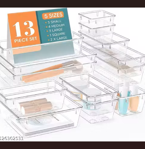 Shreenathji 13 pcs Clear plastic Drawer Organizer Set, Multi Sizes Desk Drawer Divider Organizers and Storage Bins for Makeup, Jewelry, Gadgets for Kitchen, Bedroom, Bathroom, Office ( 13 pcs Set )